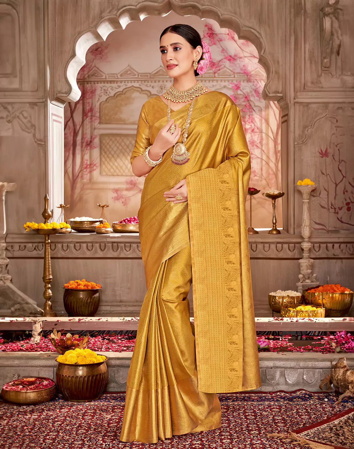 Light Yellow Self Design Semi Silk Saree