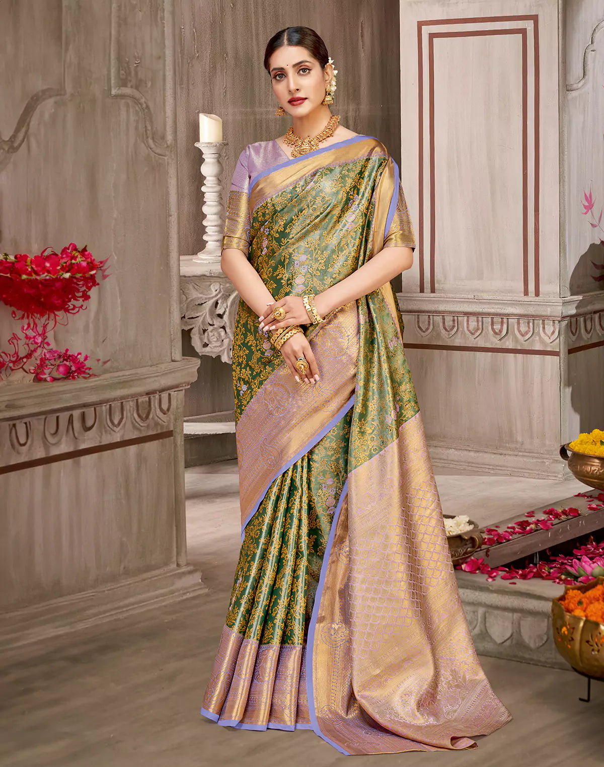 Dark Green Floral with Birds Design Tissue Jaal Semi Silk Copper Zari Border Saree