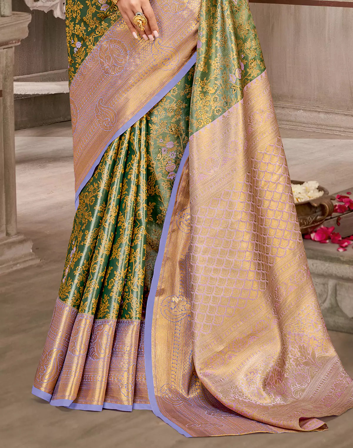 Dark Green Floral with Birds Design Tissue Jaal Semi Silk Copper Zari Border Saree