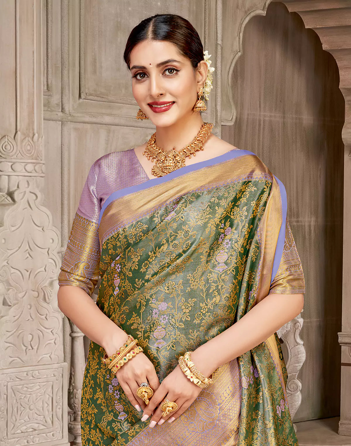 Dark Green Floral with Birds Design Tissue Jaal Semi Silk Copper Zari Border Saree