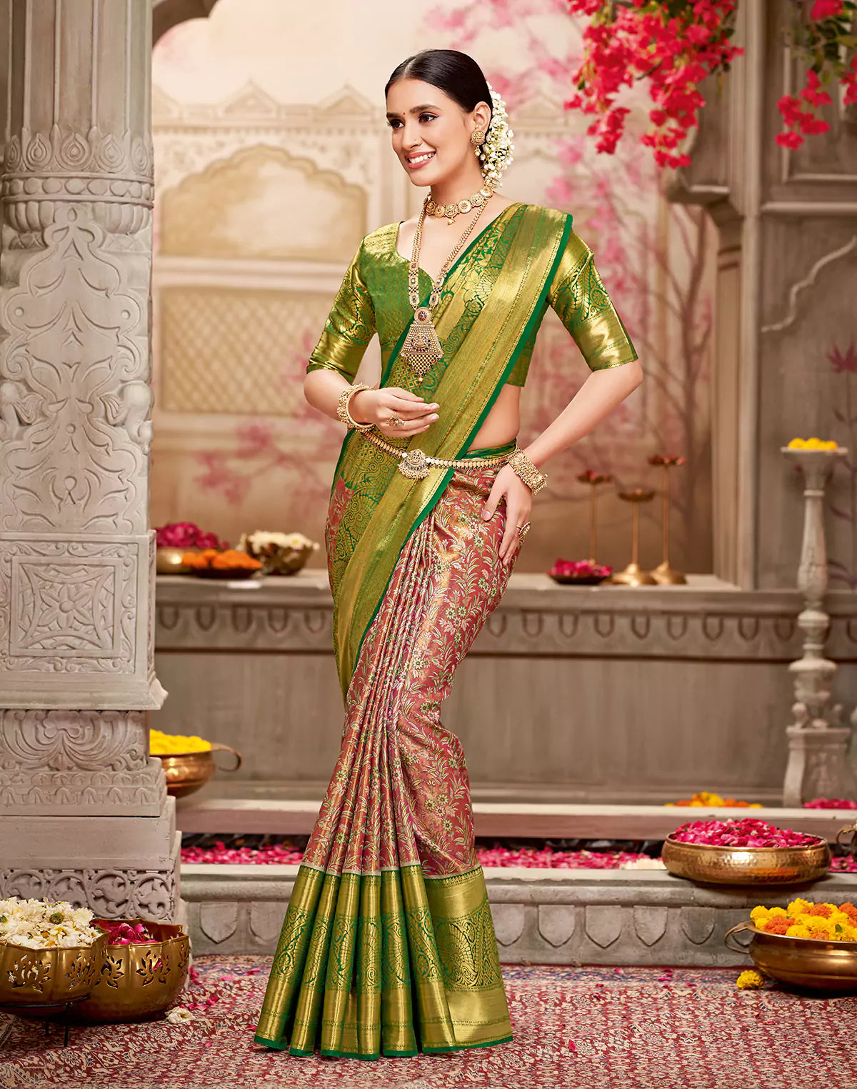Red Floral Tissue Jaal Semi Silk Saree