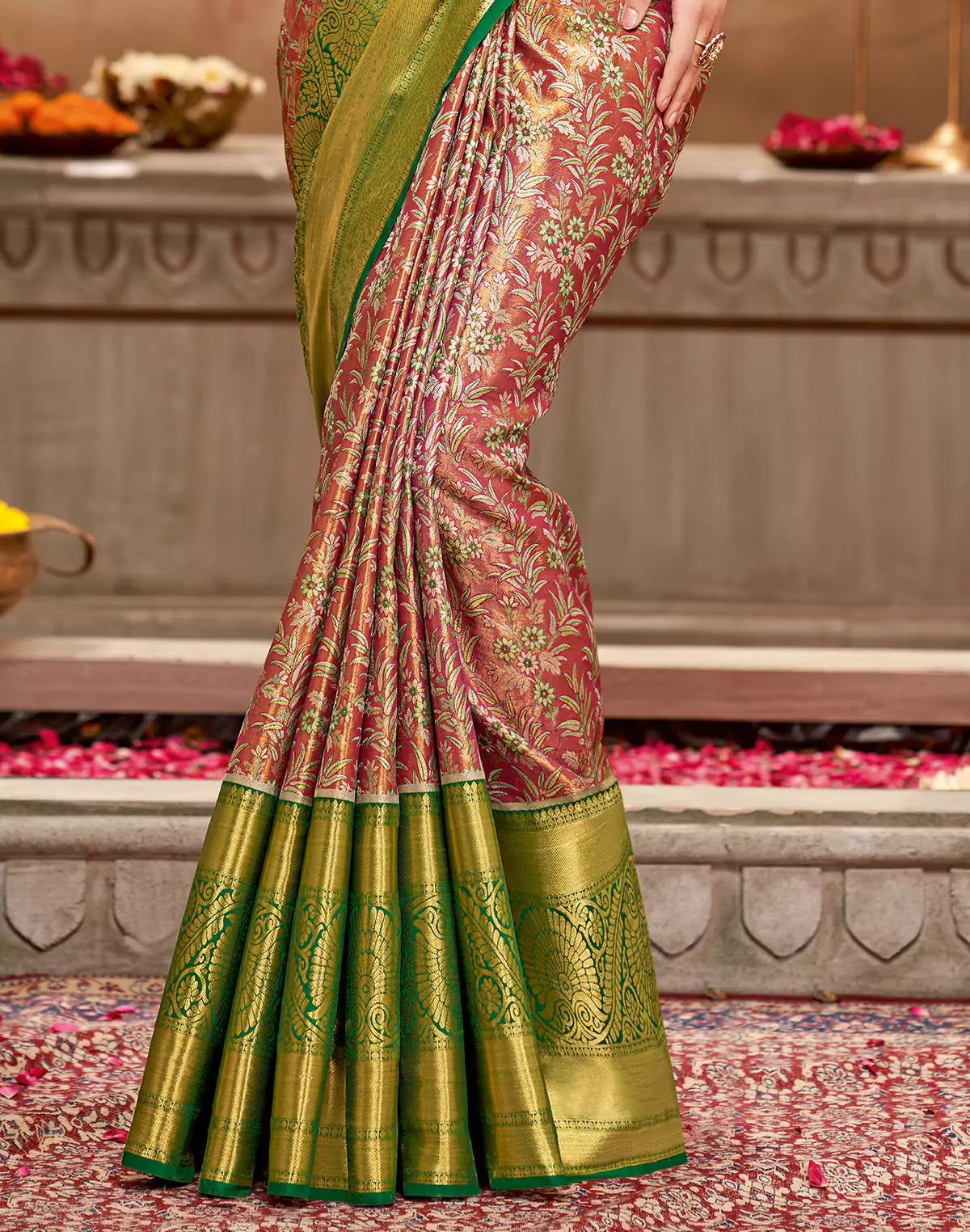 Red Floral Tissue Jaal Semi Silk Saree