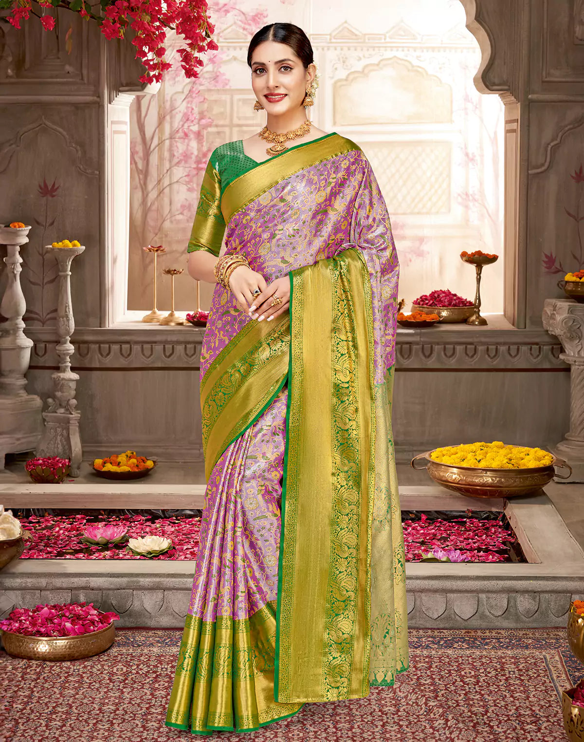 Birds with Floral Tissue Jaal Violet Shaded Semi Silk Saree