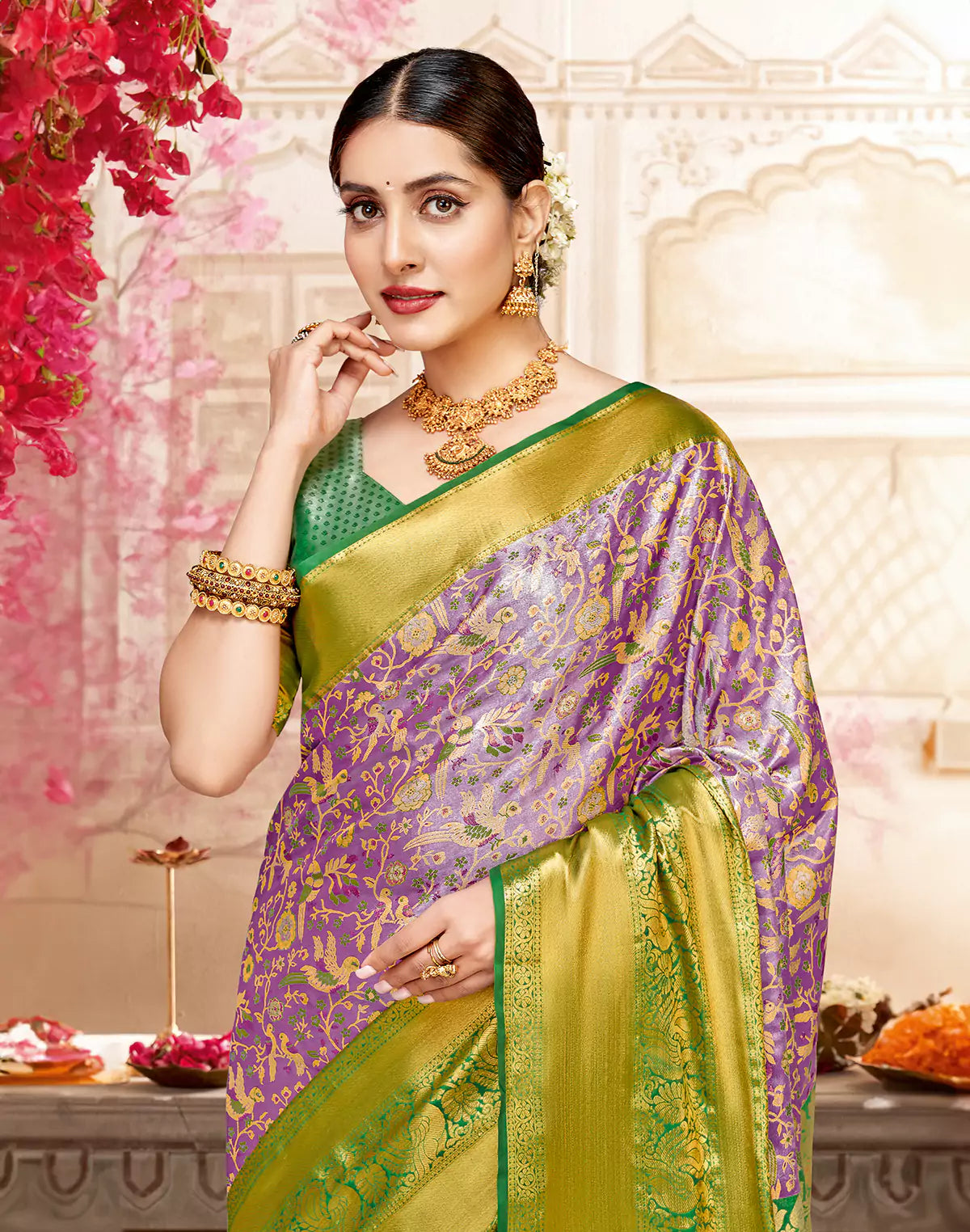 Birds with Floral Tissue Jaal Violet Shaded Semi Silk Saree