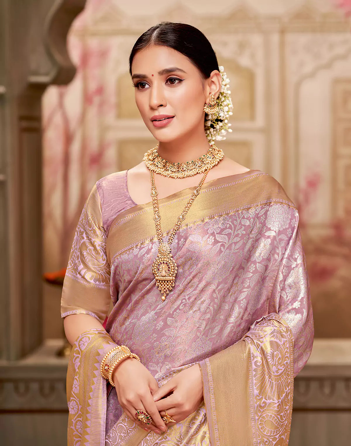 Onion with Silver zari Tissue Floral Design Semi Silk Saree