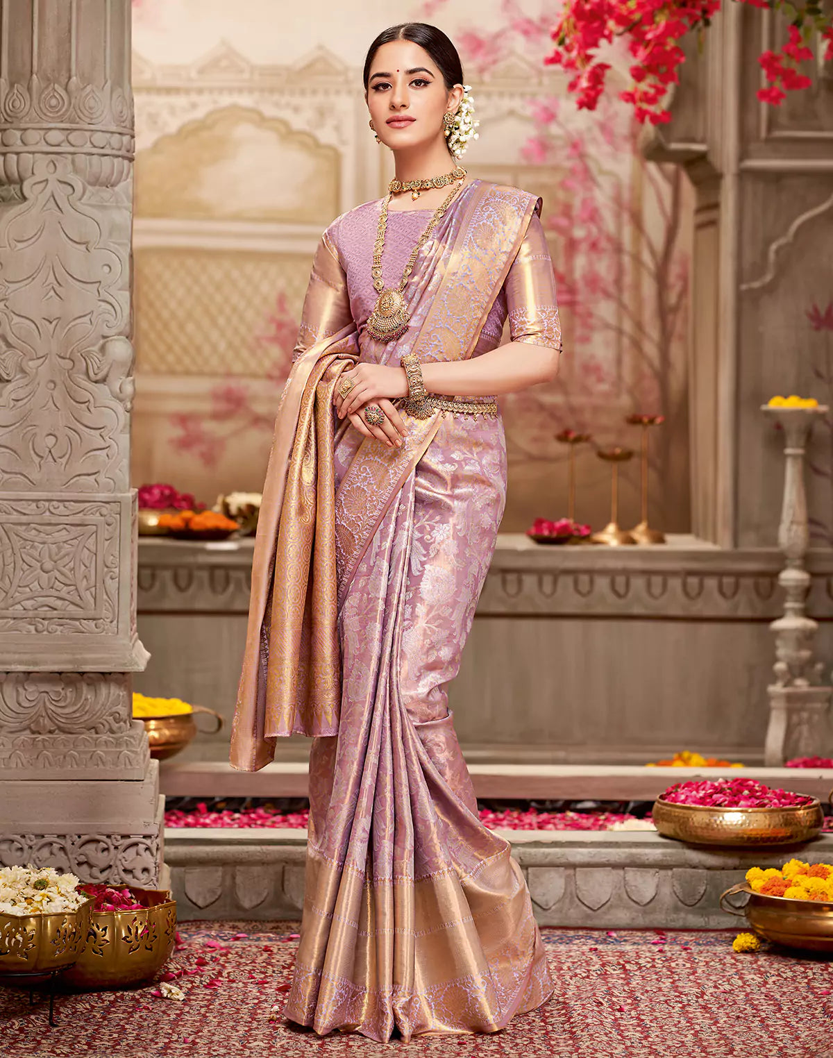 Semi Silk Floral Tissue Jaal Light Violet Saree