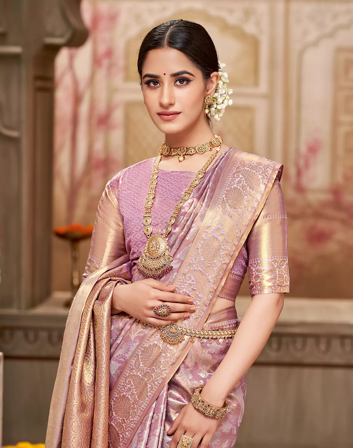 Semi Silk Floral Tissue Jaal Light Violet Saree