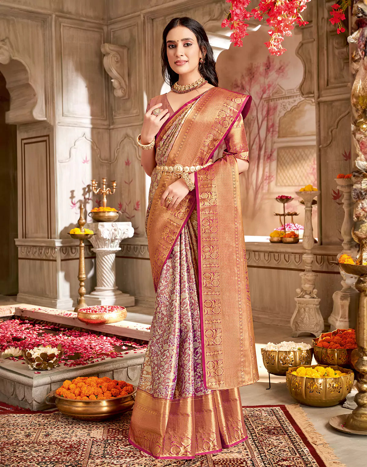 Double Shaded Maroon Floral Tissue Jaal Semi Silk Saree