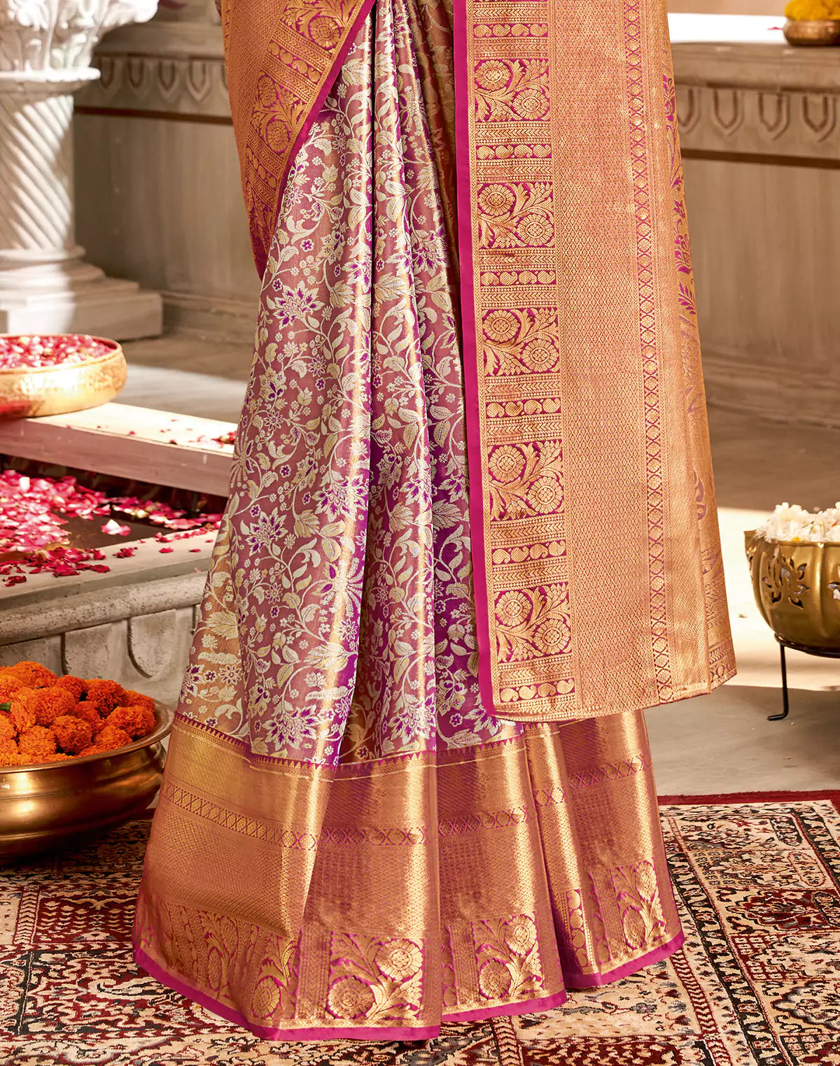 Double Shaded Maroon Floral Tissue Jaal Semi Silk Saree