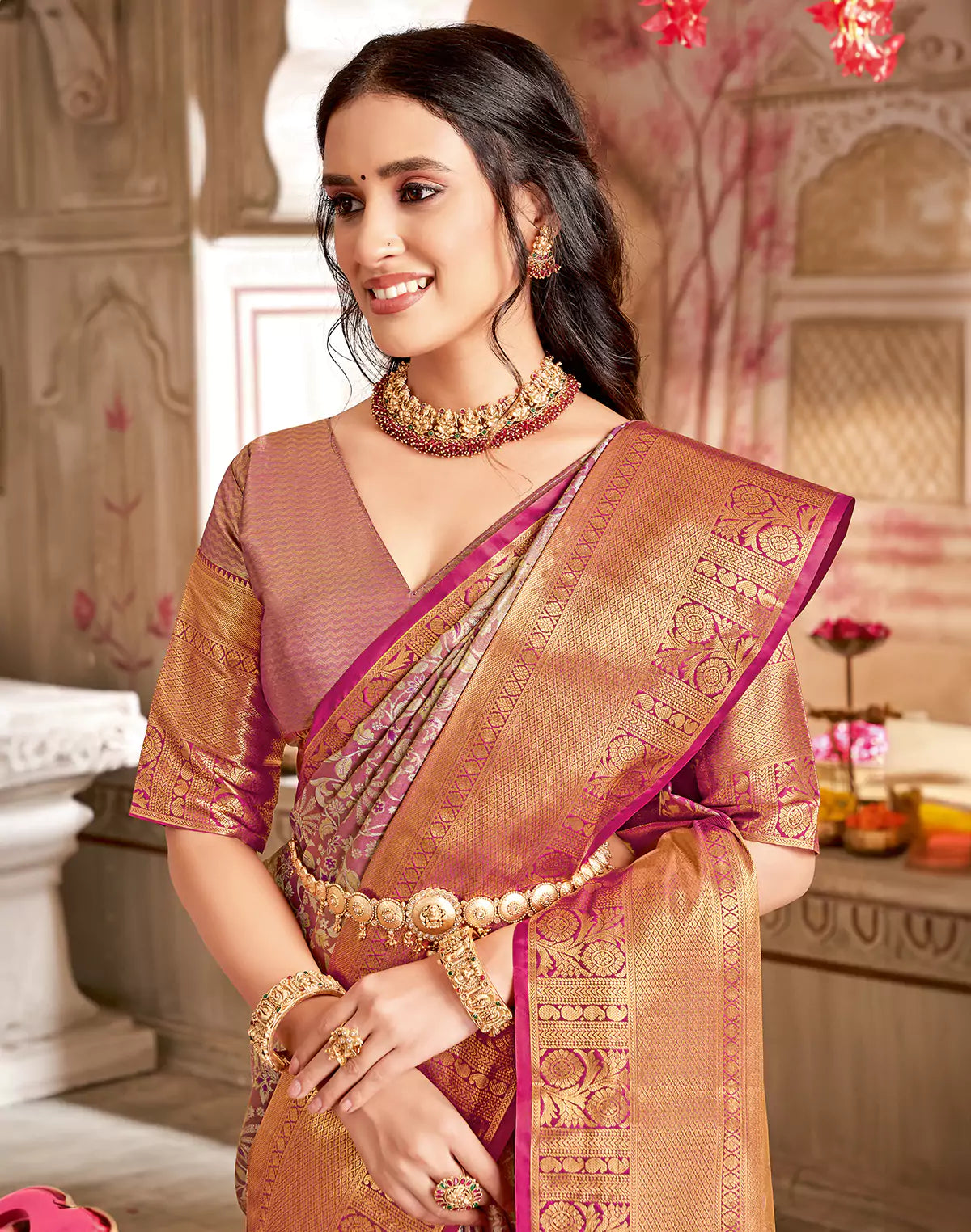Double Shaded Maroon Floral Tissue Jaal Semi Silk Saree