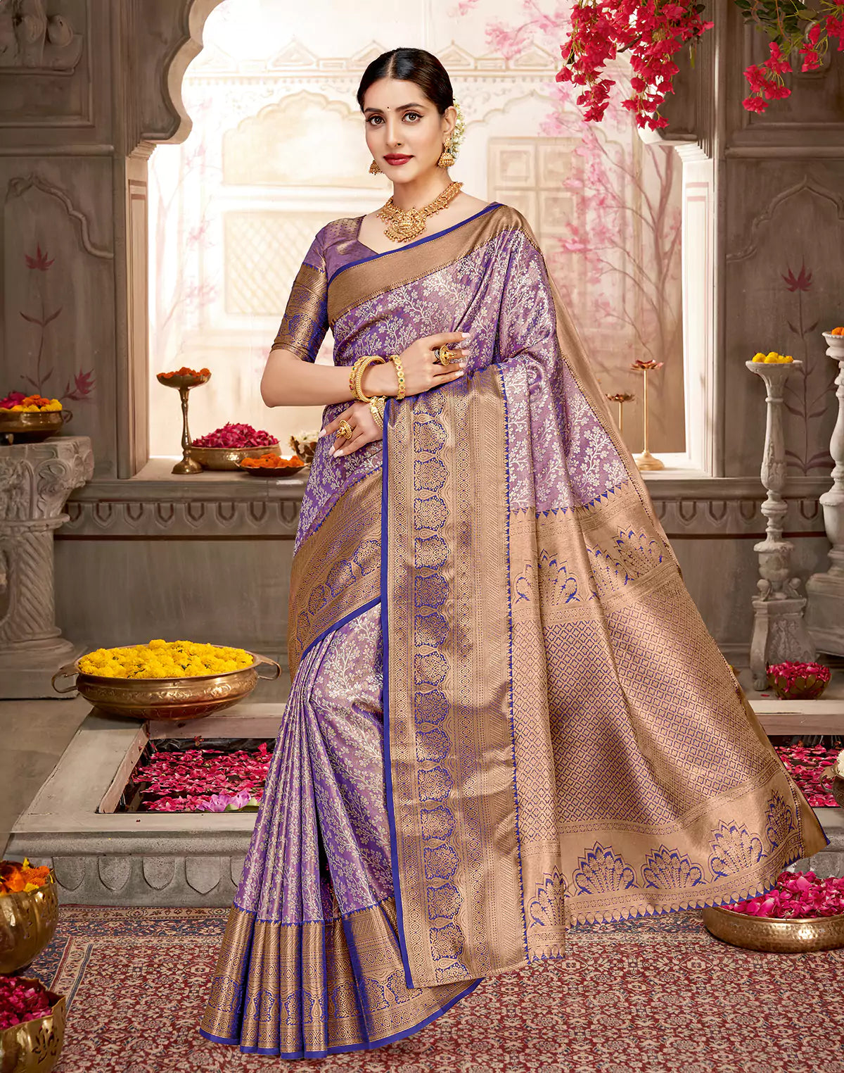 Floral Tissue Jaal Copper Zari Semi Silk Purple Saree