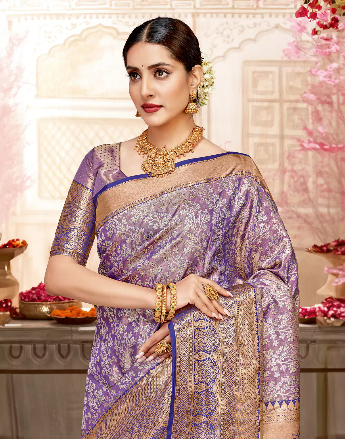 Floral Tissue Jaal Copper Zari Semi Silk Purple Saree