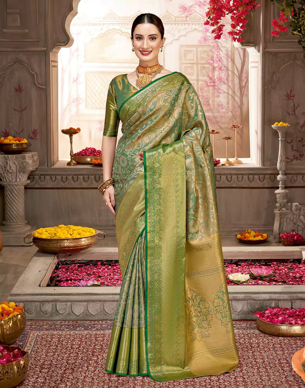 Green Skut Border Tissu Jaal Semi Silk Self Saree