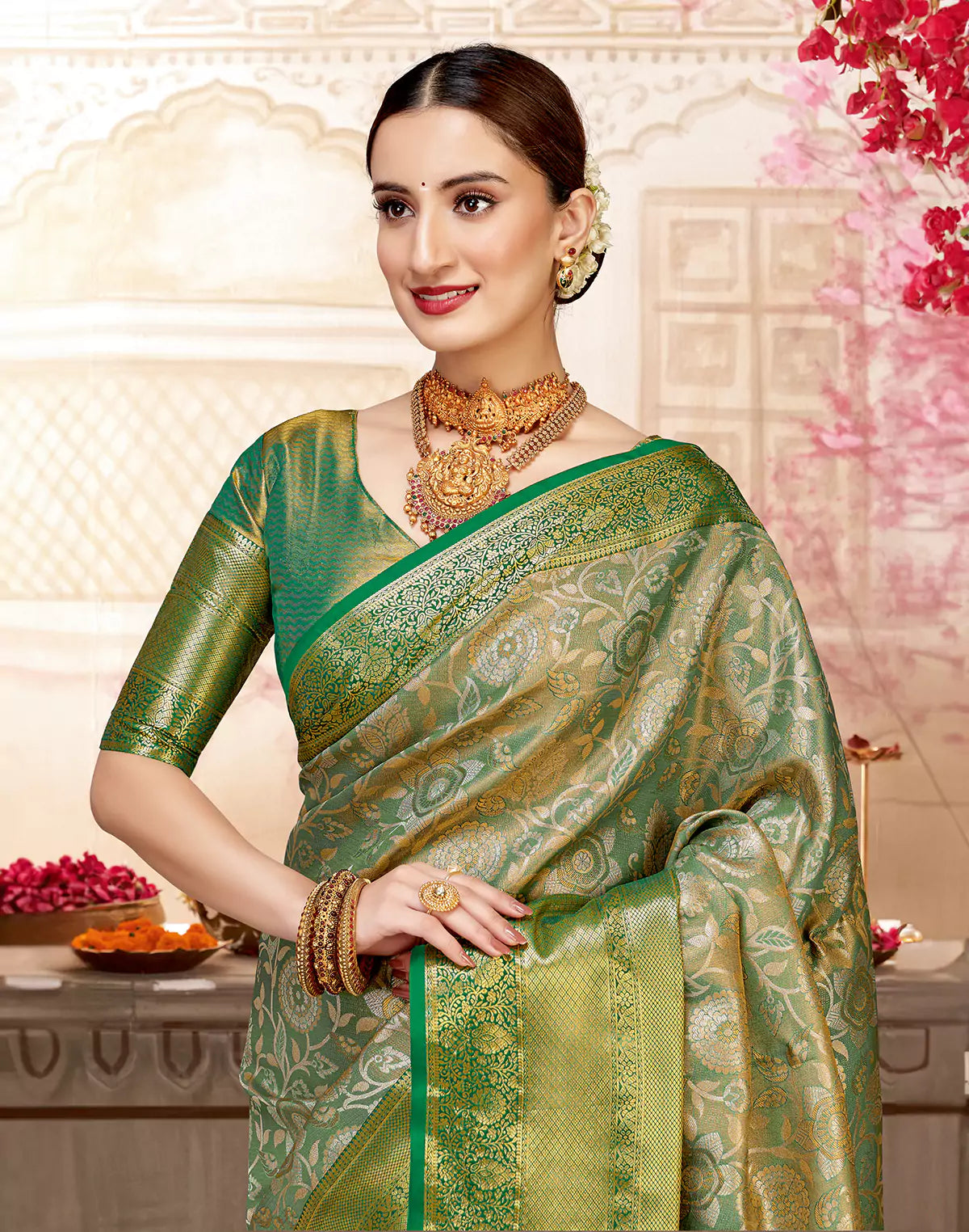 Green Skut Border Tissu Jaal Semi Silk Self Saree