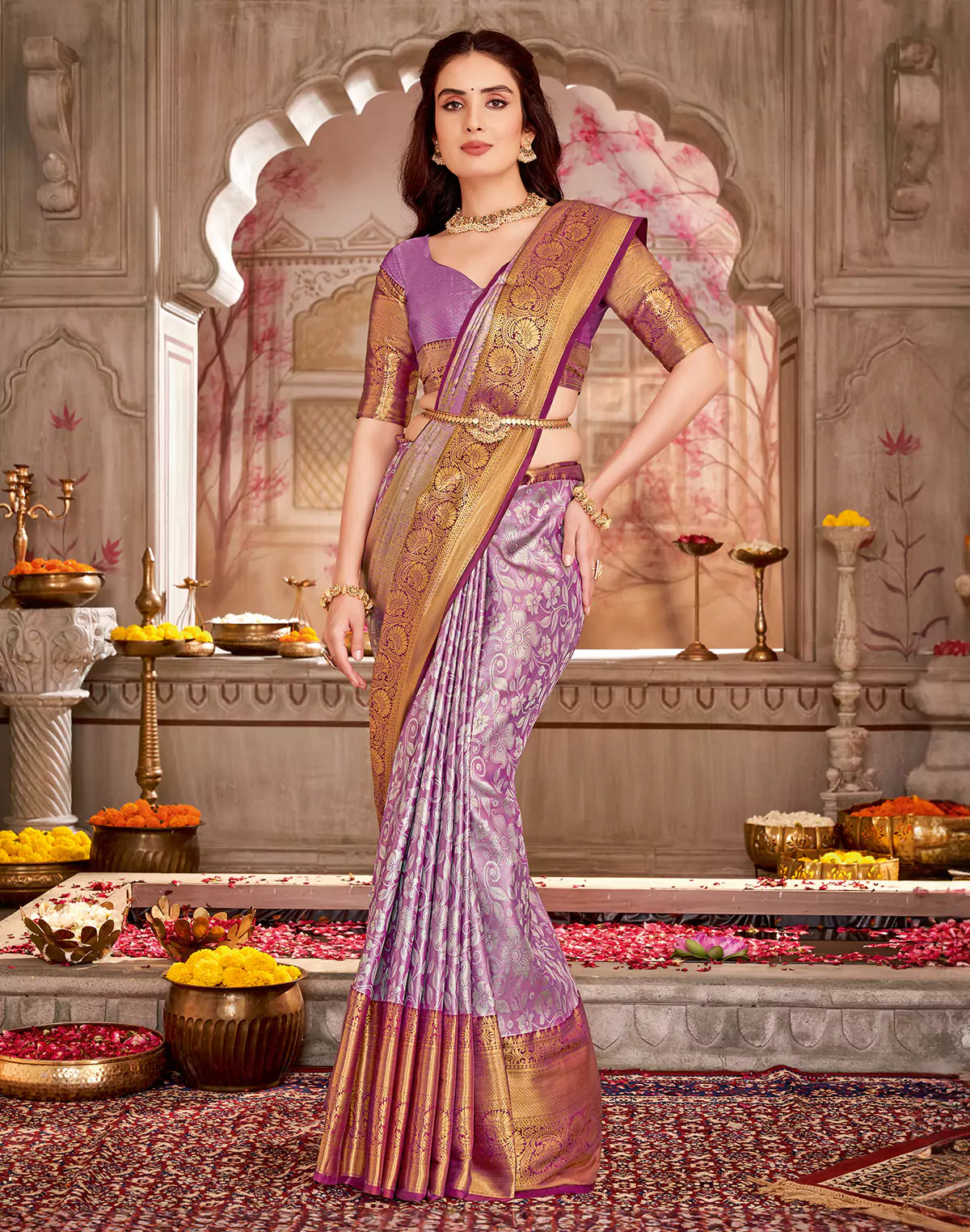 Tissue Floral Design Double Shaded Magenta Semi Silk Contrast Border Saree