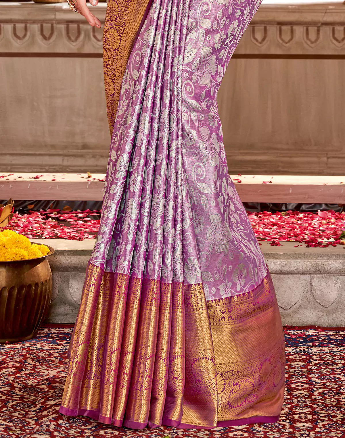 Tissue Floral Design Double Shaded Magenta Semi Silk Contrast Border Saree