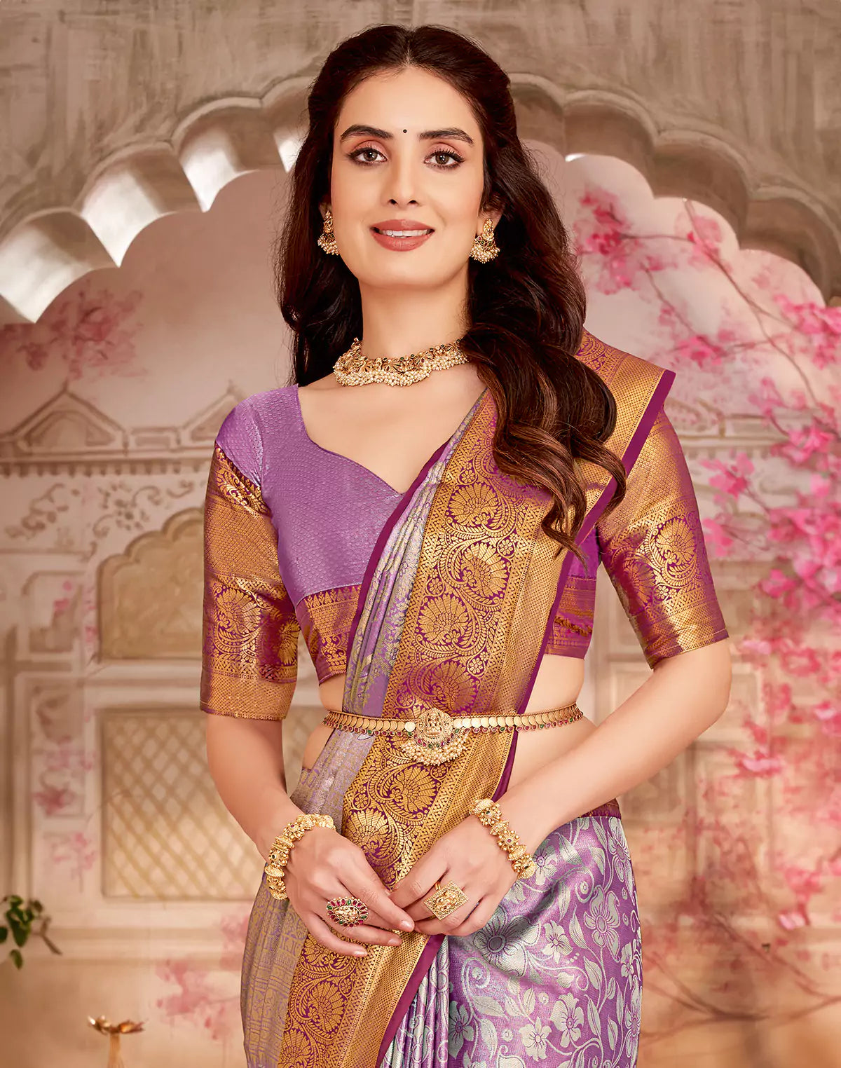 Tissue Floral Design Double Shaded Magenta Semi Silk Contrast Border Saree