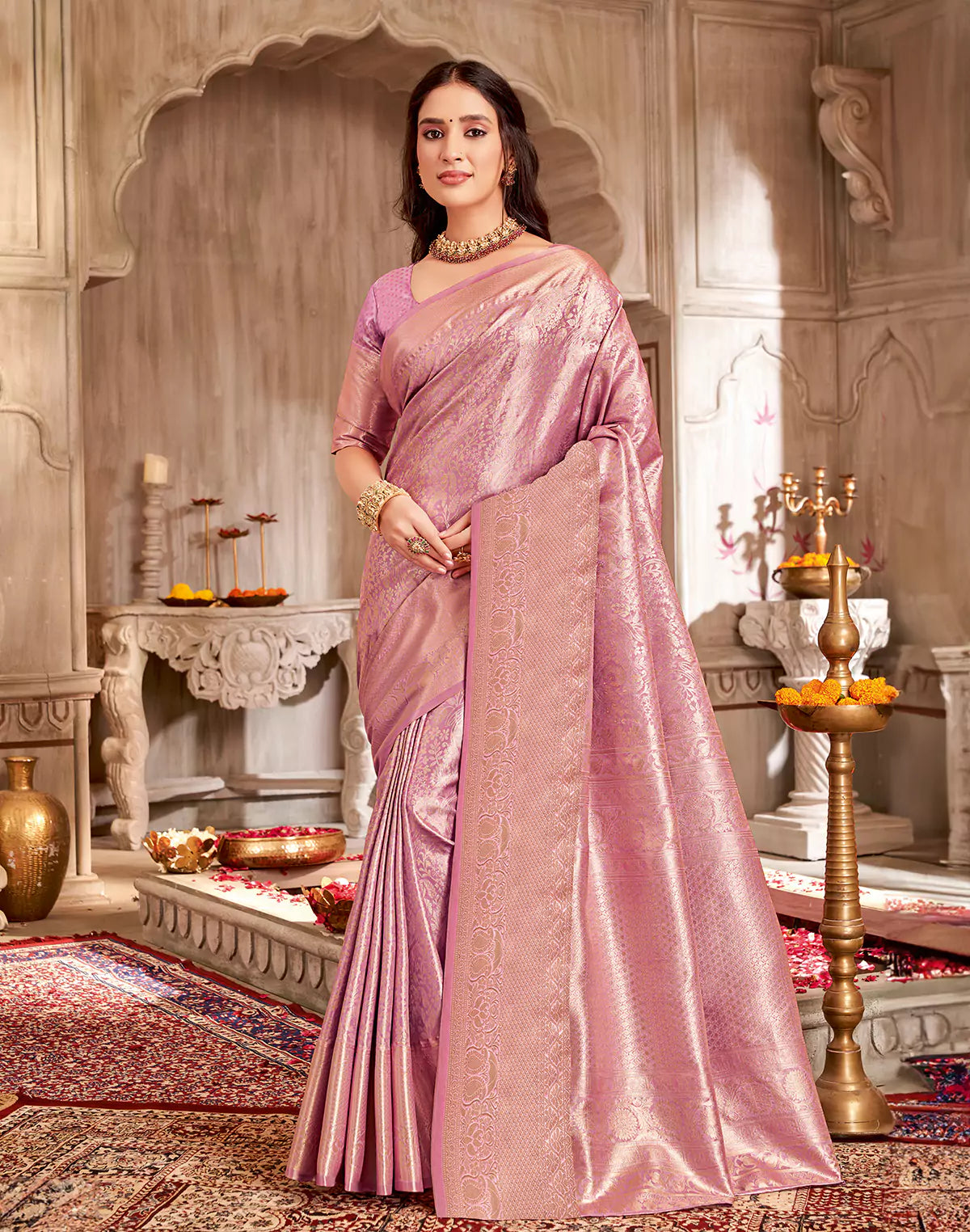 Light Purple Floral Semi Silk Tissue Jaal Self Border Saree