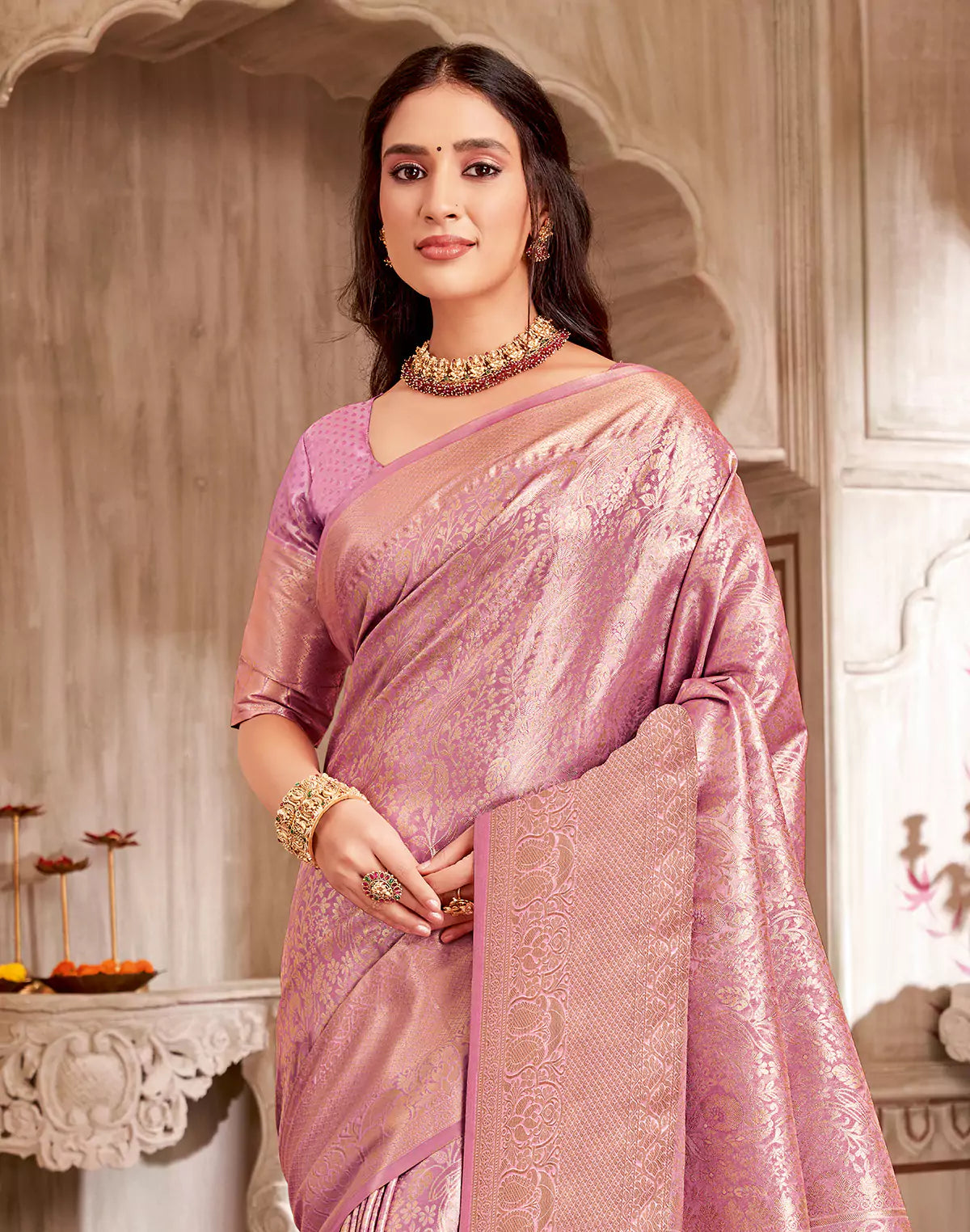 Light Purple Floral Semi Silk Tissue Jaal Self Border Saree