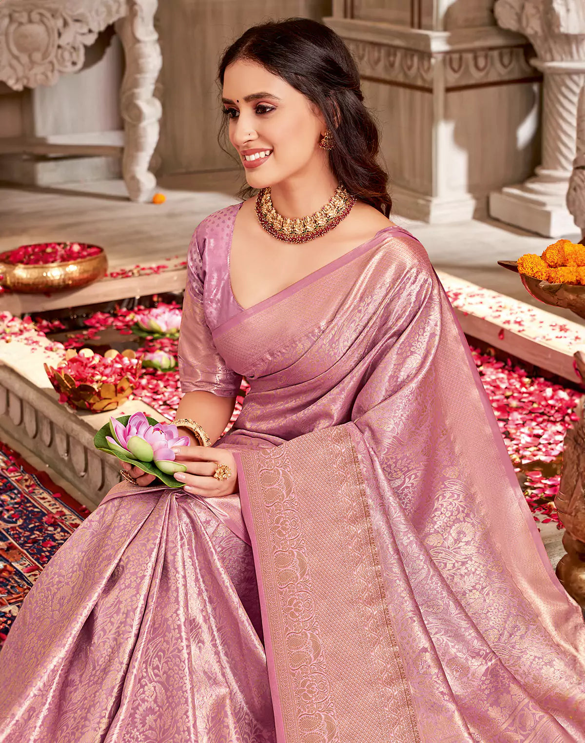 Light Purple Floral Semi Silk Tissue Jaal Self Border Saree