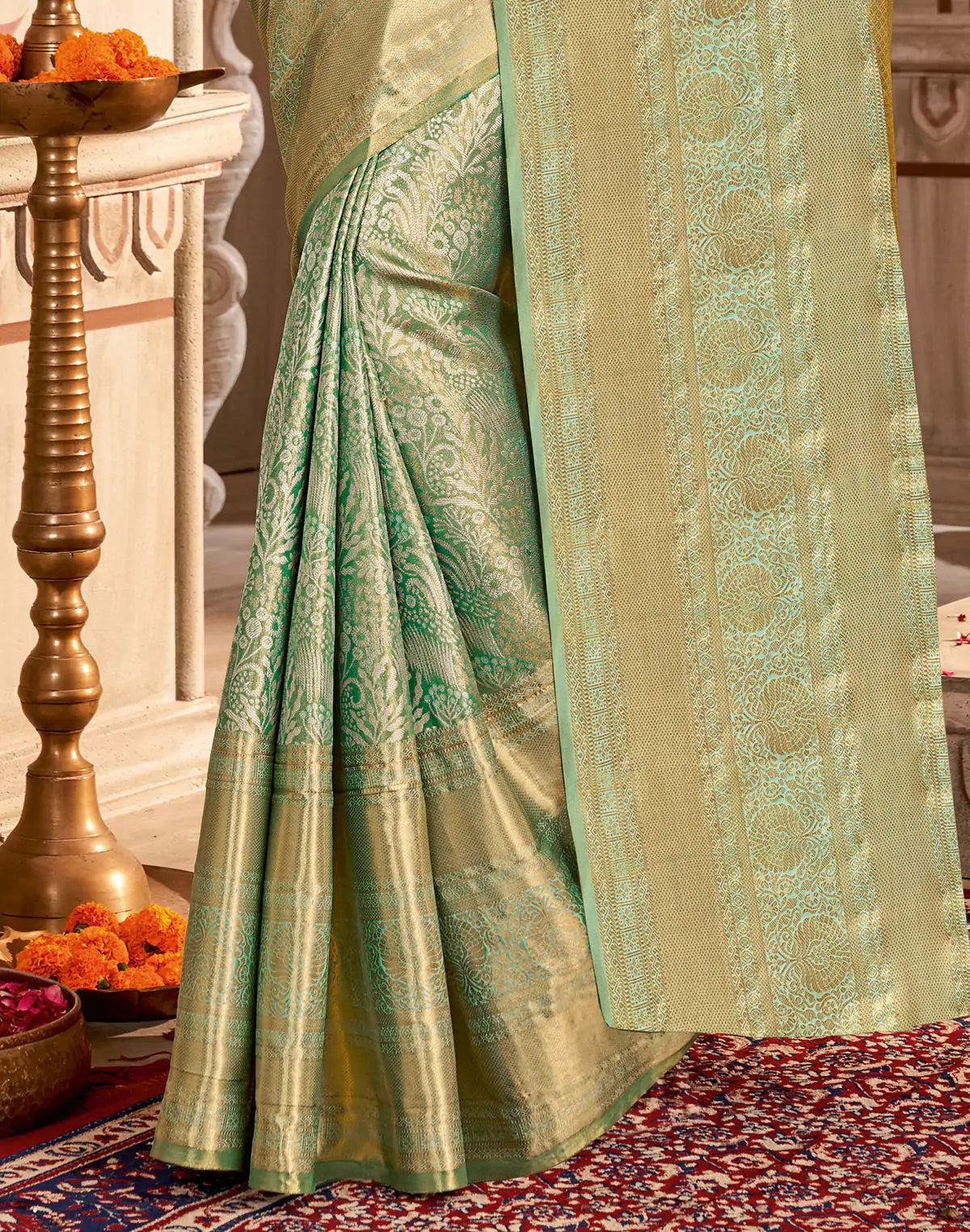 Sea Green Semi Silk Tissue Floral Theme Design Self Saree