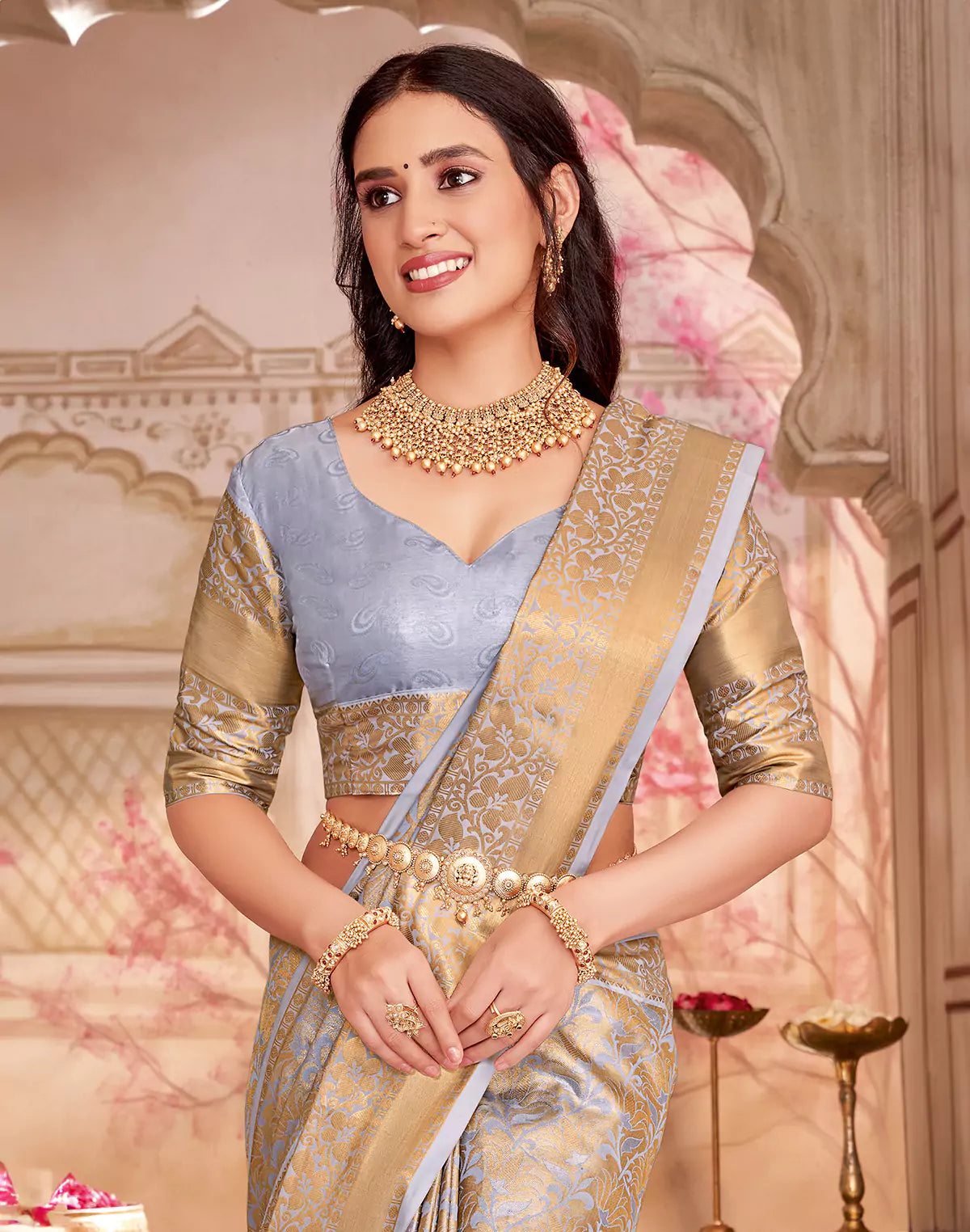 Grey Floral Tissue Jaal Semi Silk Skut Border Saree