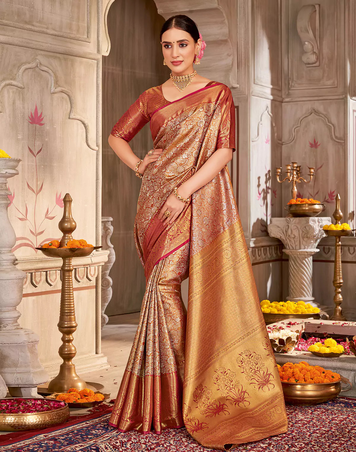 All Over Floral Motifs Tissue Jaal Kanchi Pattu Silk Saree