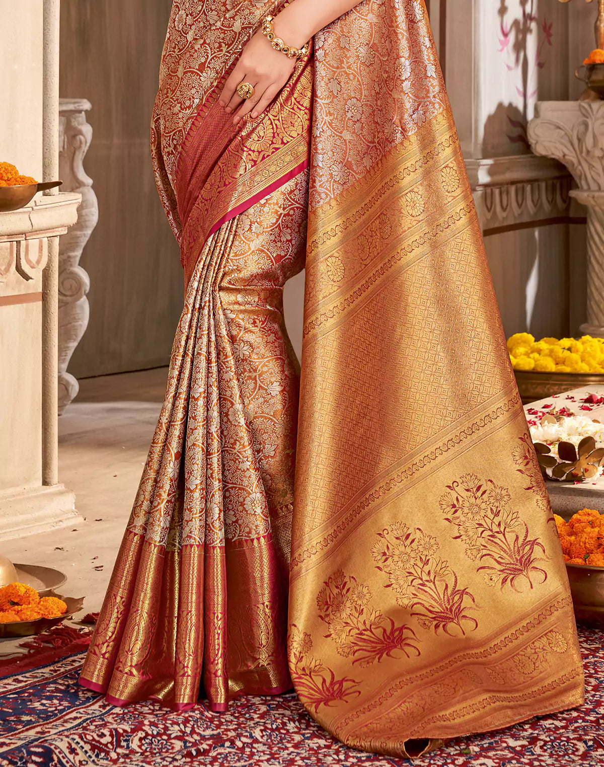All Over Floral Motifs Tissue Jaal Kanchi Pattu Silk Saree