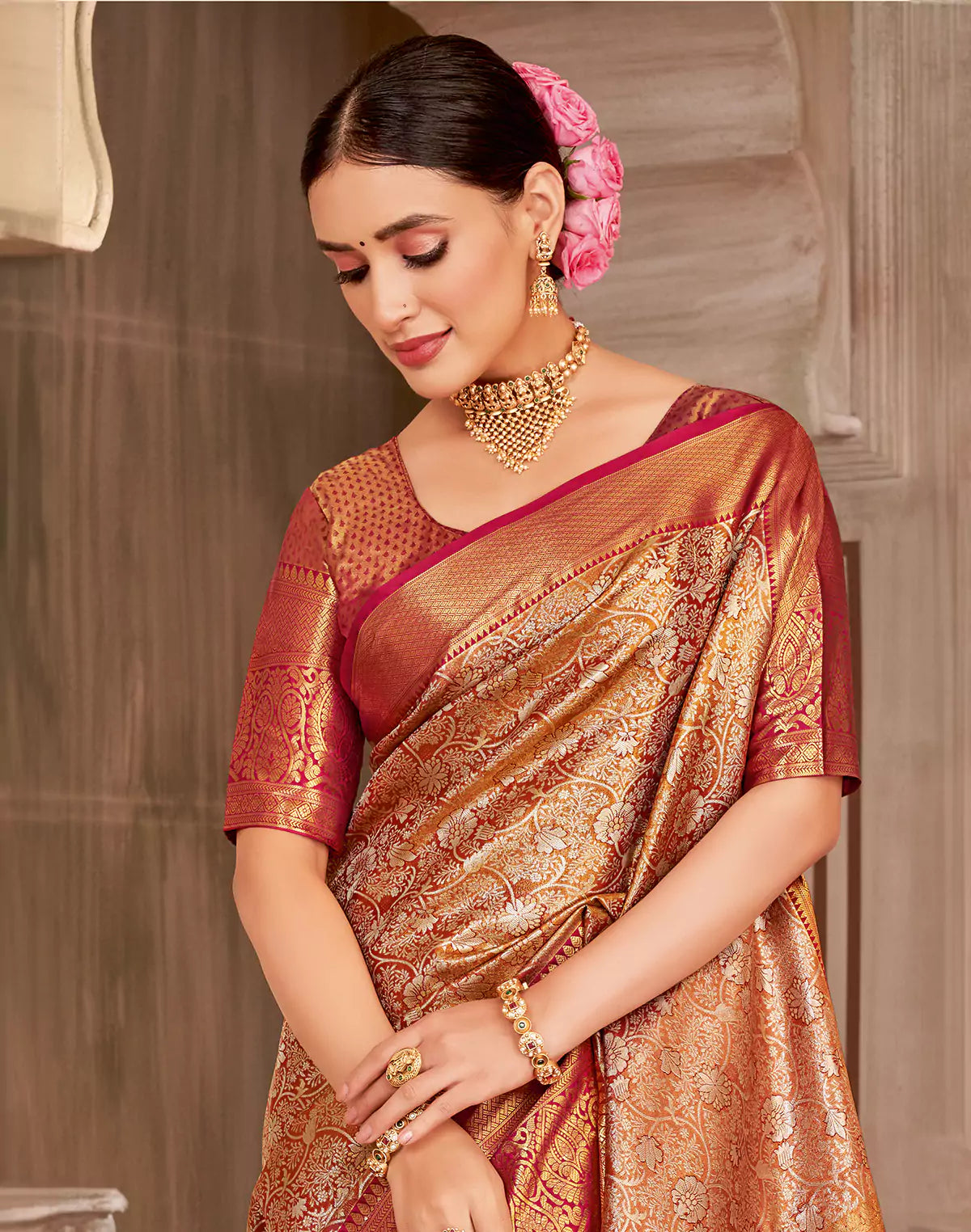 All Over Floral Motifs Tissue Jaal Kanchi Pattu Silk Saree