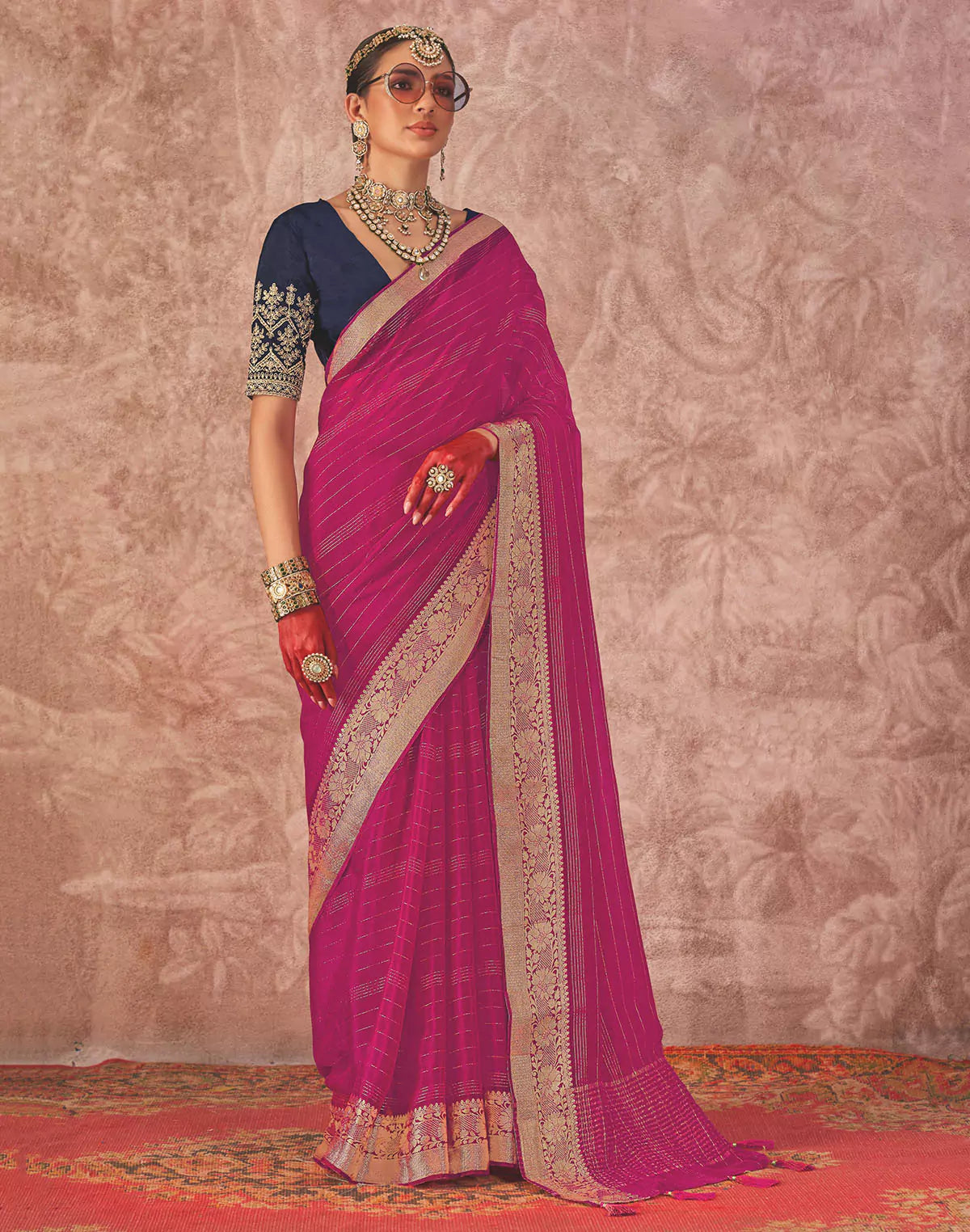 Magenta Chiffon Contrast Saree with Embroidery Blouse