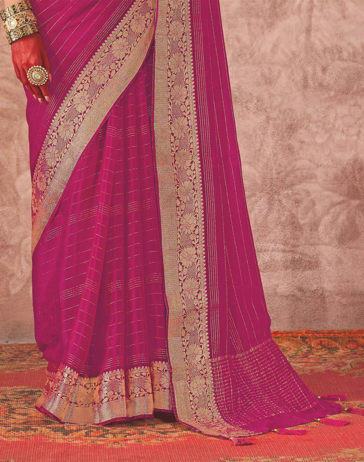 Magenta Chiffon Contrast Saree with Embroidery Blouse