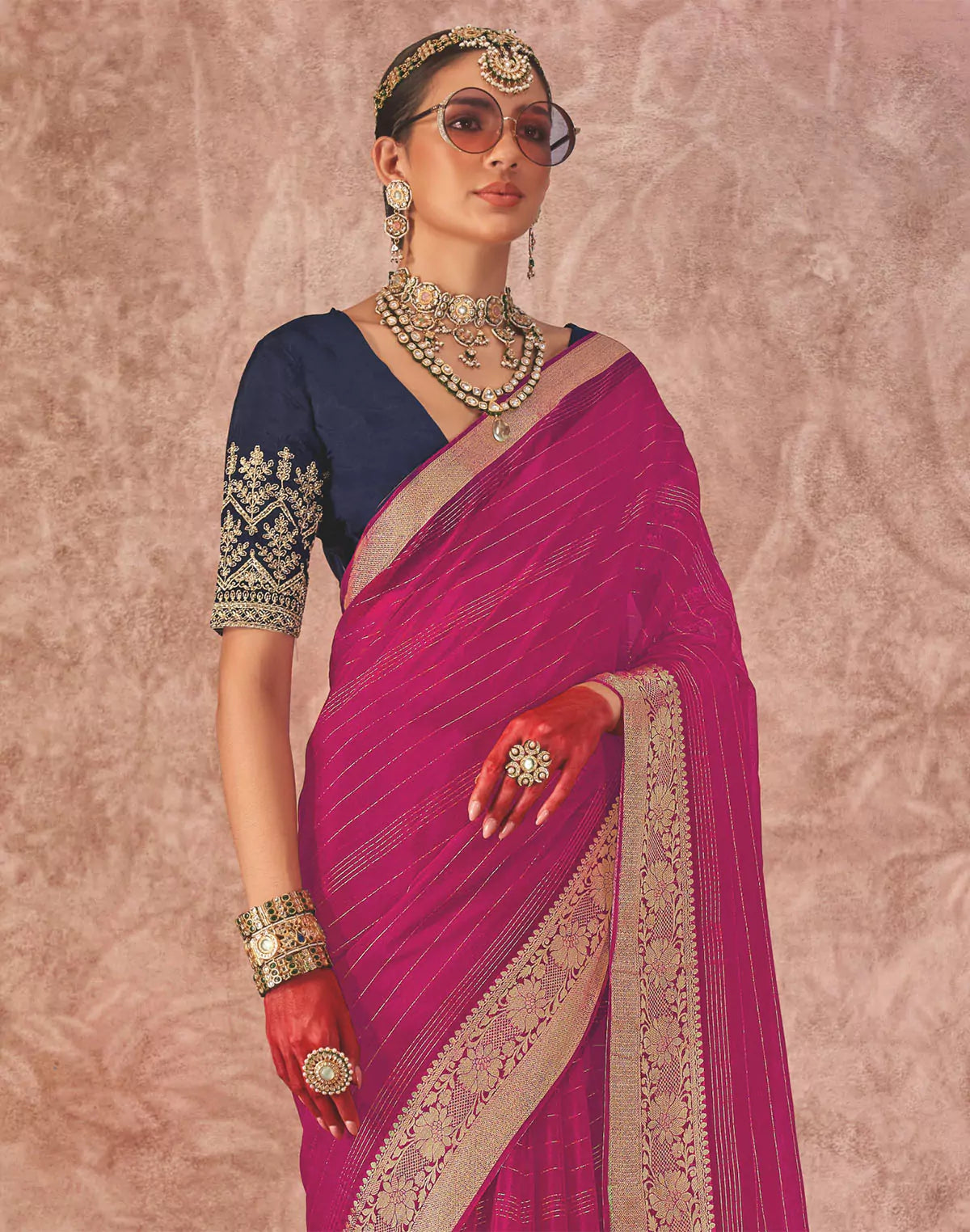 Magenta Chiffon Contrast Saree with Embroidery Blouse