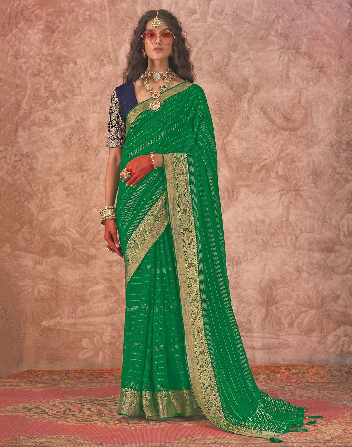 Green and Navy Blue Chiffon Saree and Embroidery Blouse