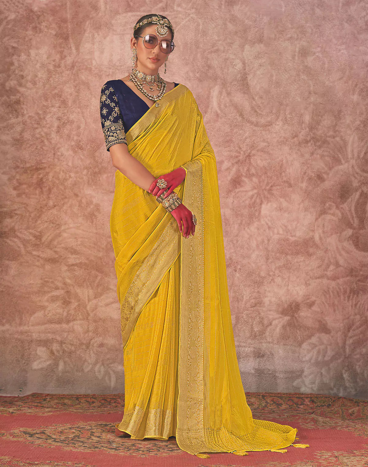 Chiffon Yellow Coloured Contrast Saree with Embroidery work Blouse