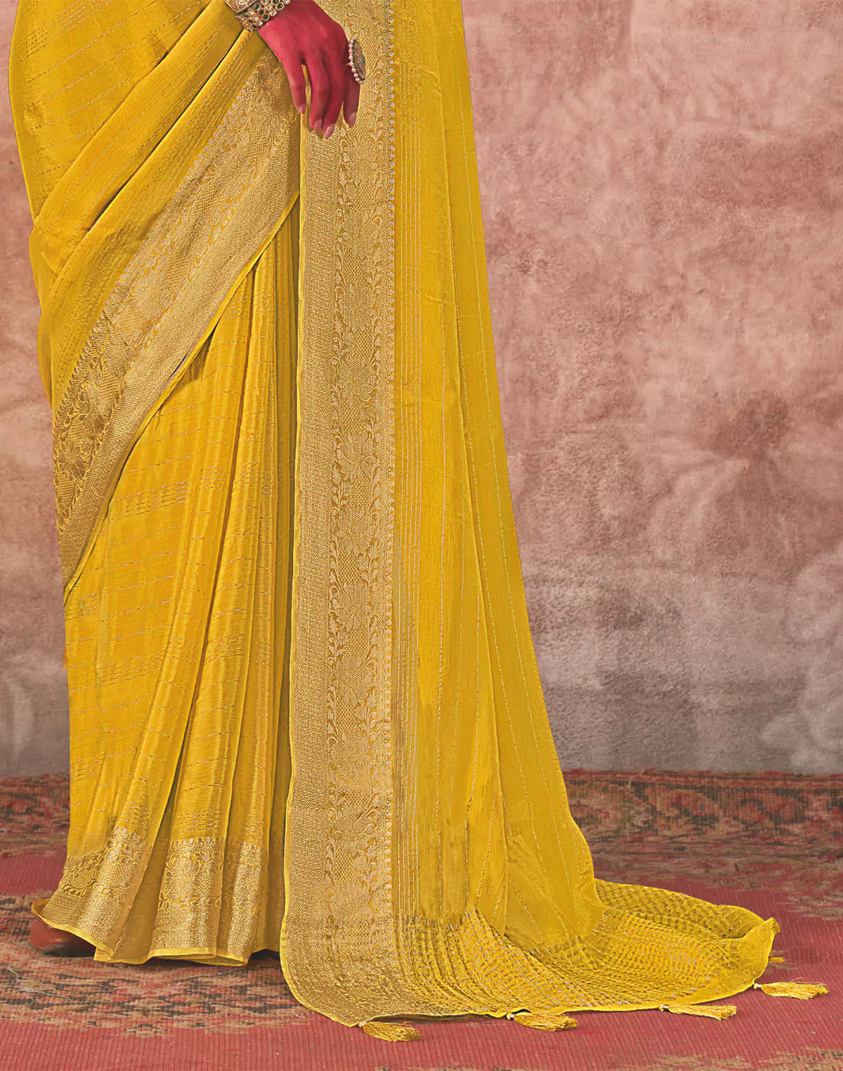 Chiffon Yellow Coloured Contrast Saree with Embroidery work Blouse