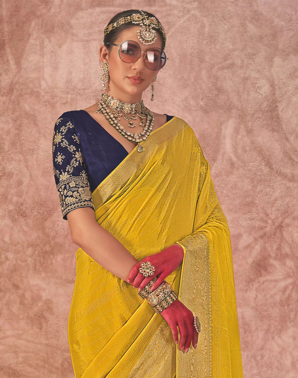 Chiffon Yellow Coloured Contrast Saree with Embroidery work Blouse