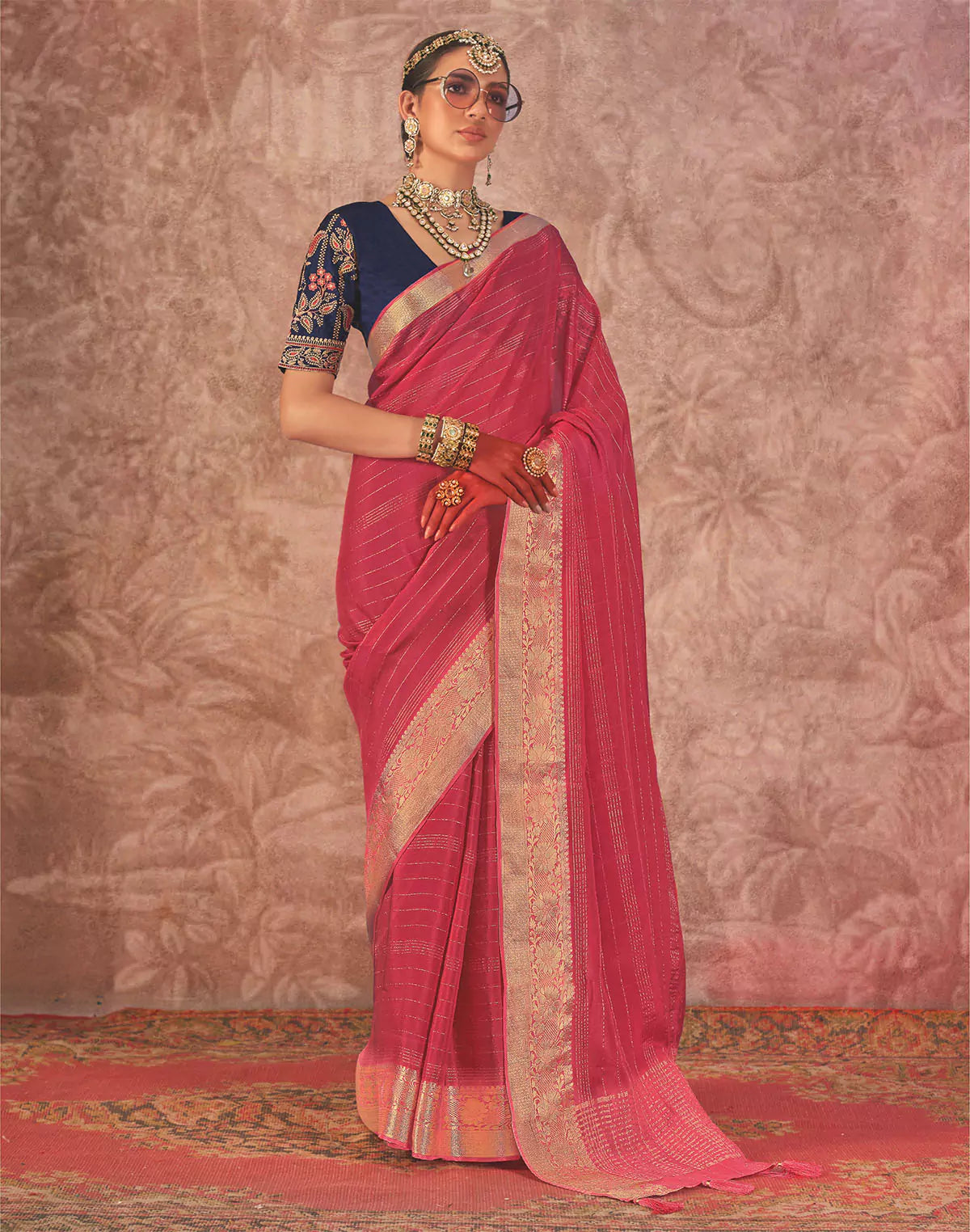Red Contrast Embroidery Blouse Chiffon Saree with Beautiful Tussels