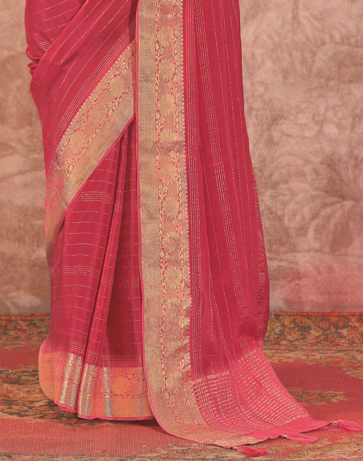 Red Contrast Embroidery Blouse Chiffon Saree with Beautiful Tussels