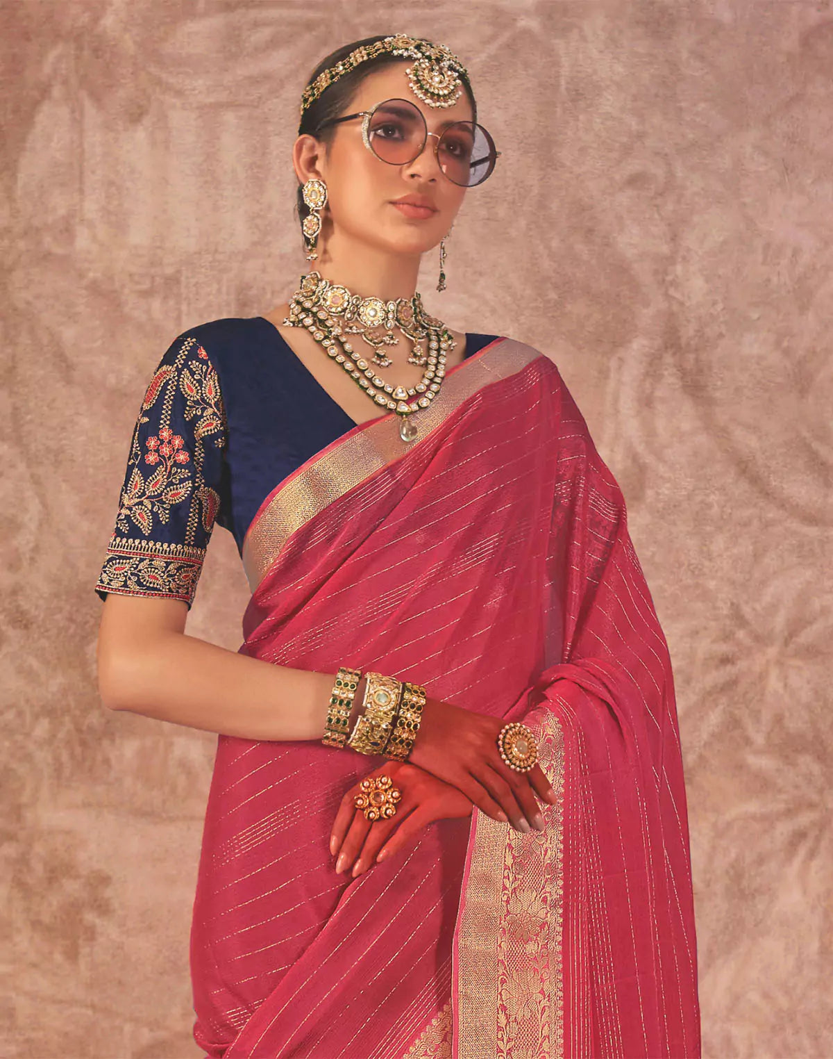 Red Contrast Embroidery Blouse Chiffon Saree with Beautiful Tussels