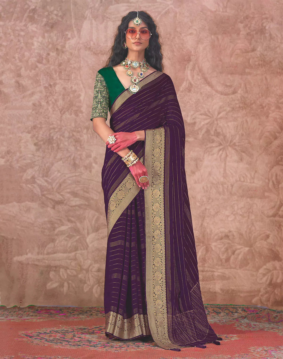Elegant Purple and Green Chiffon Saree with Embroidery Blouse