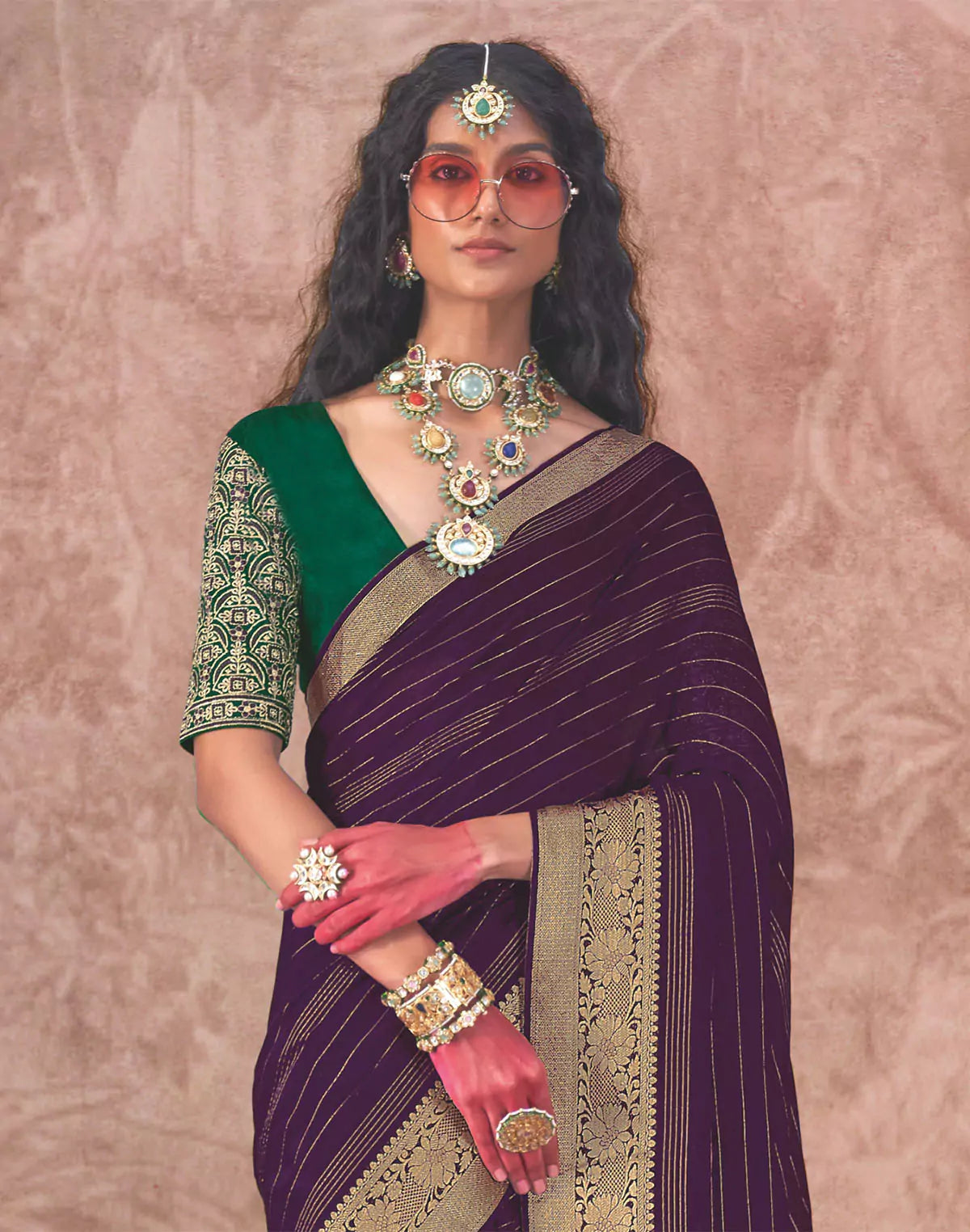 Elegant Purple and Green Chiffon Saree with Embroidery Blouse