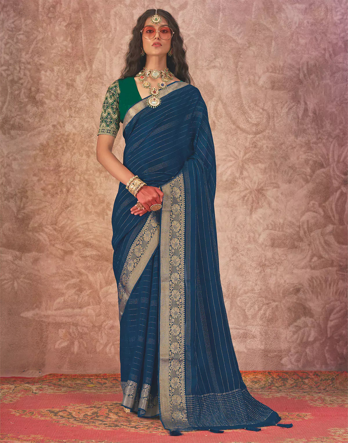 Peacock Blue Chiffon Party Wear Saree and Embroidery work Blouse