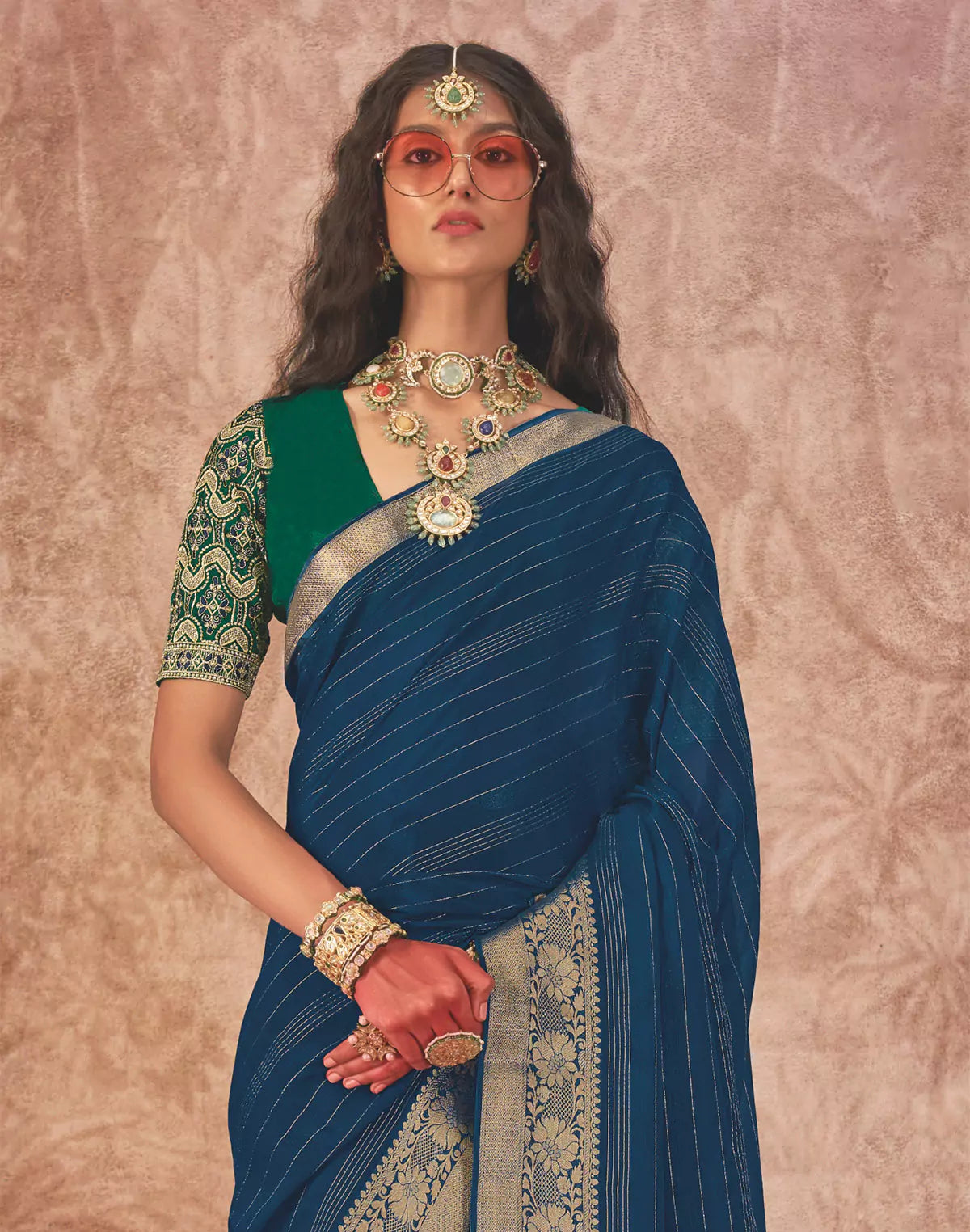 Peacock Blue Chiffon Party Wear Saree and Embroidery work Blouse
