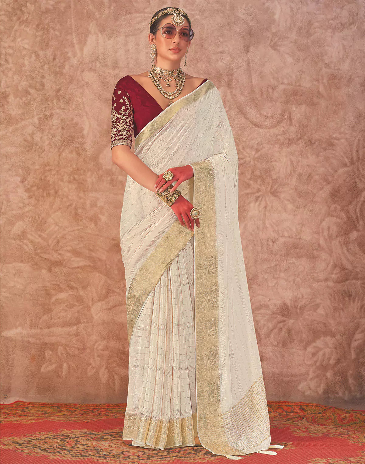 Cream Coloured Chiffon Golden Border Saree with Embroidery Blouse