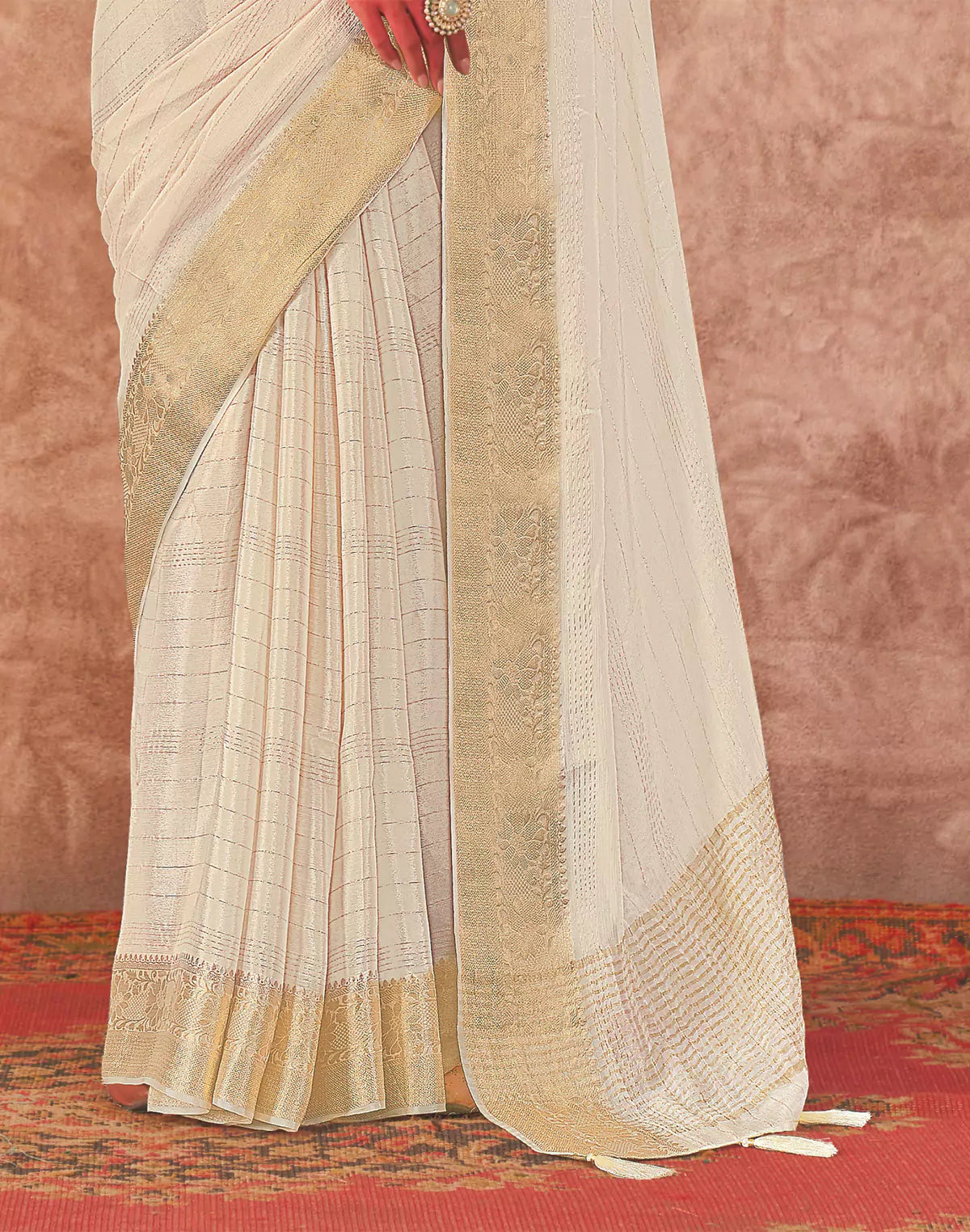 Cream Coloured Chiffon Golden Border Saree with Embroidery Blouse