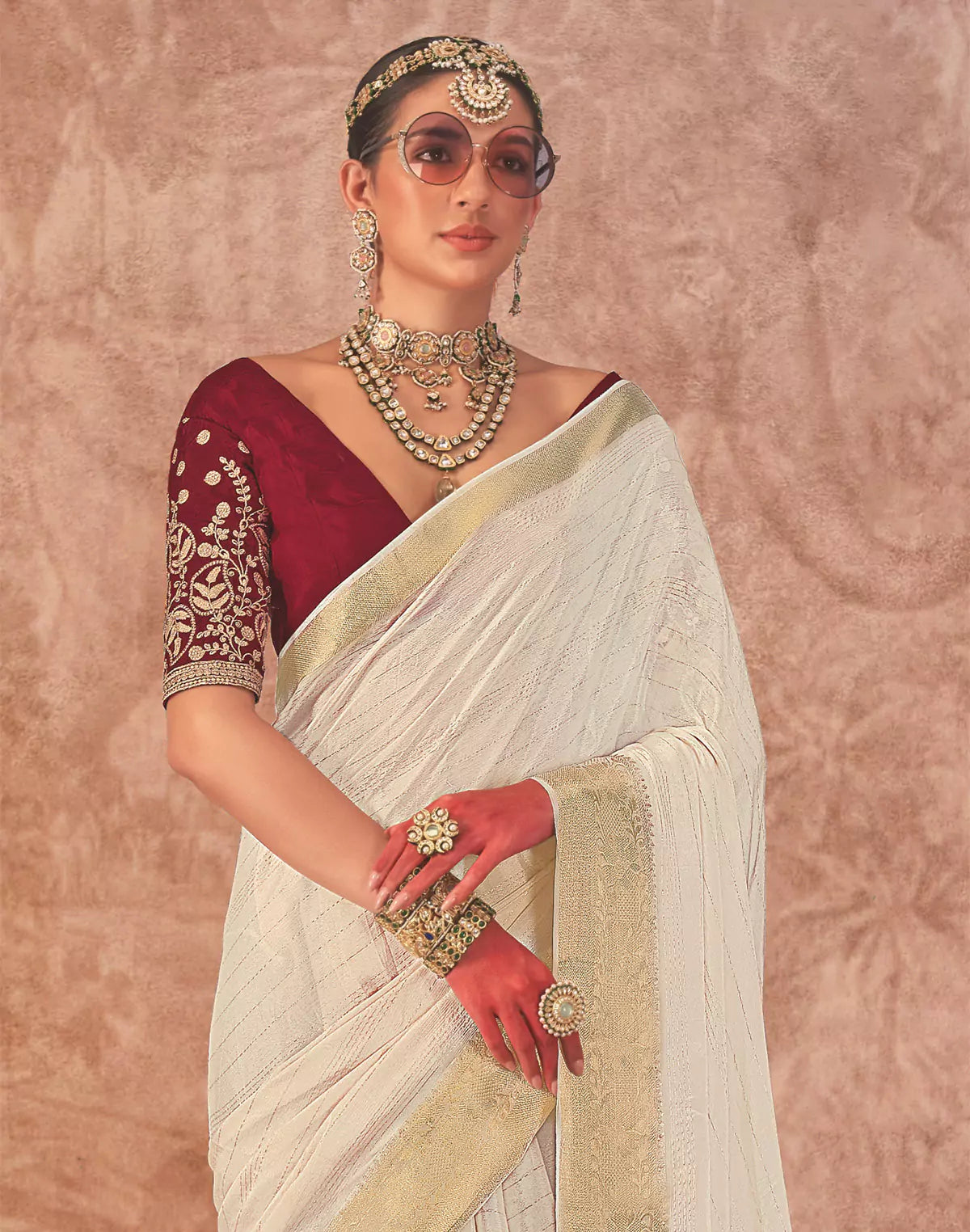 Cream Coloured Chiffon Golden Border Saree with Embroidery Blouse