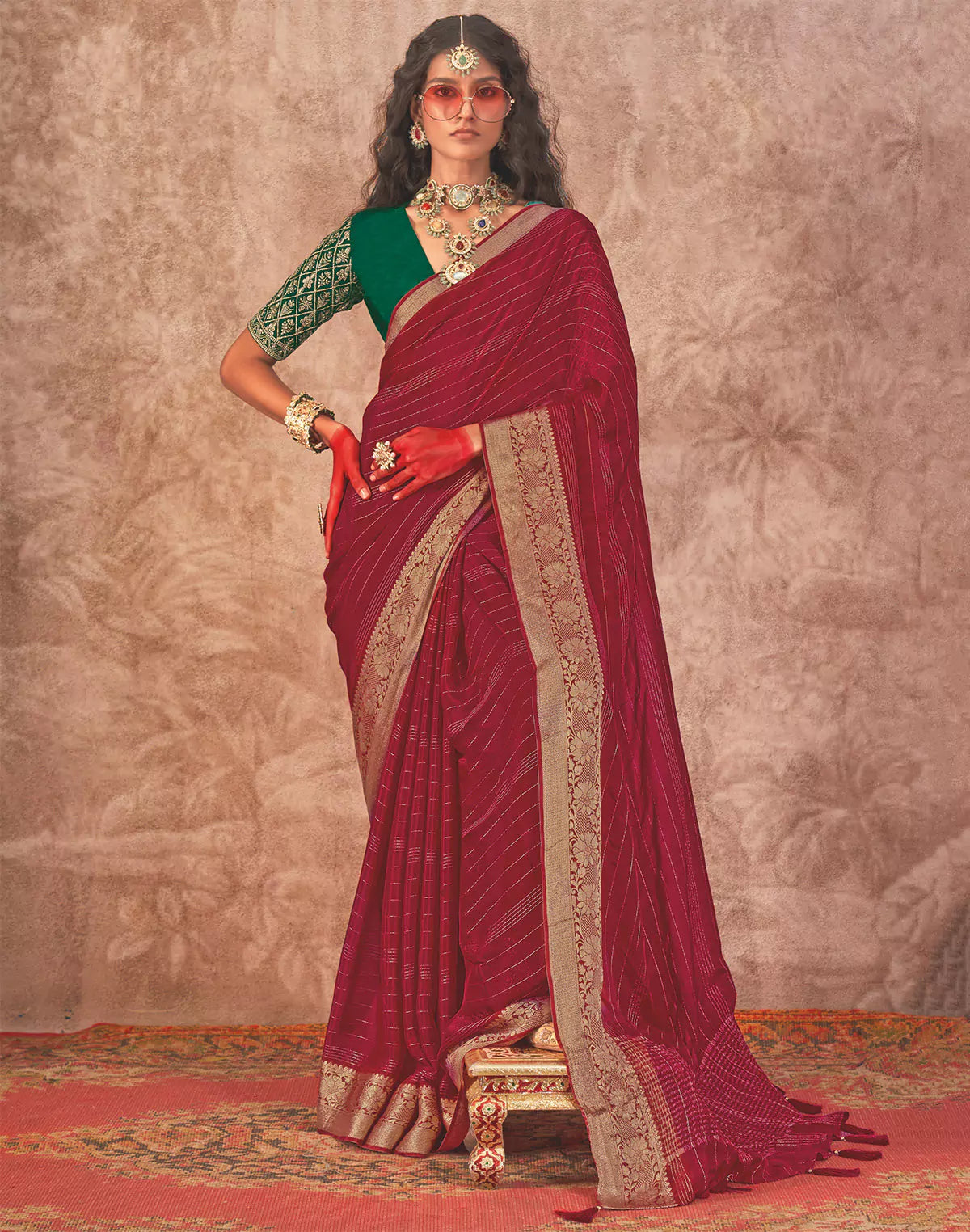 Maroon and Green Contrast Embroidery Blouse Golden Border Saree