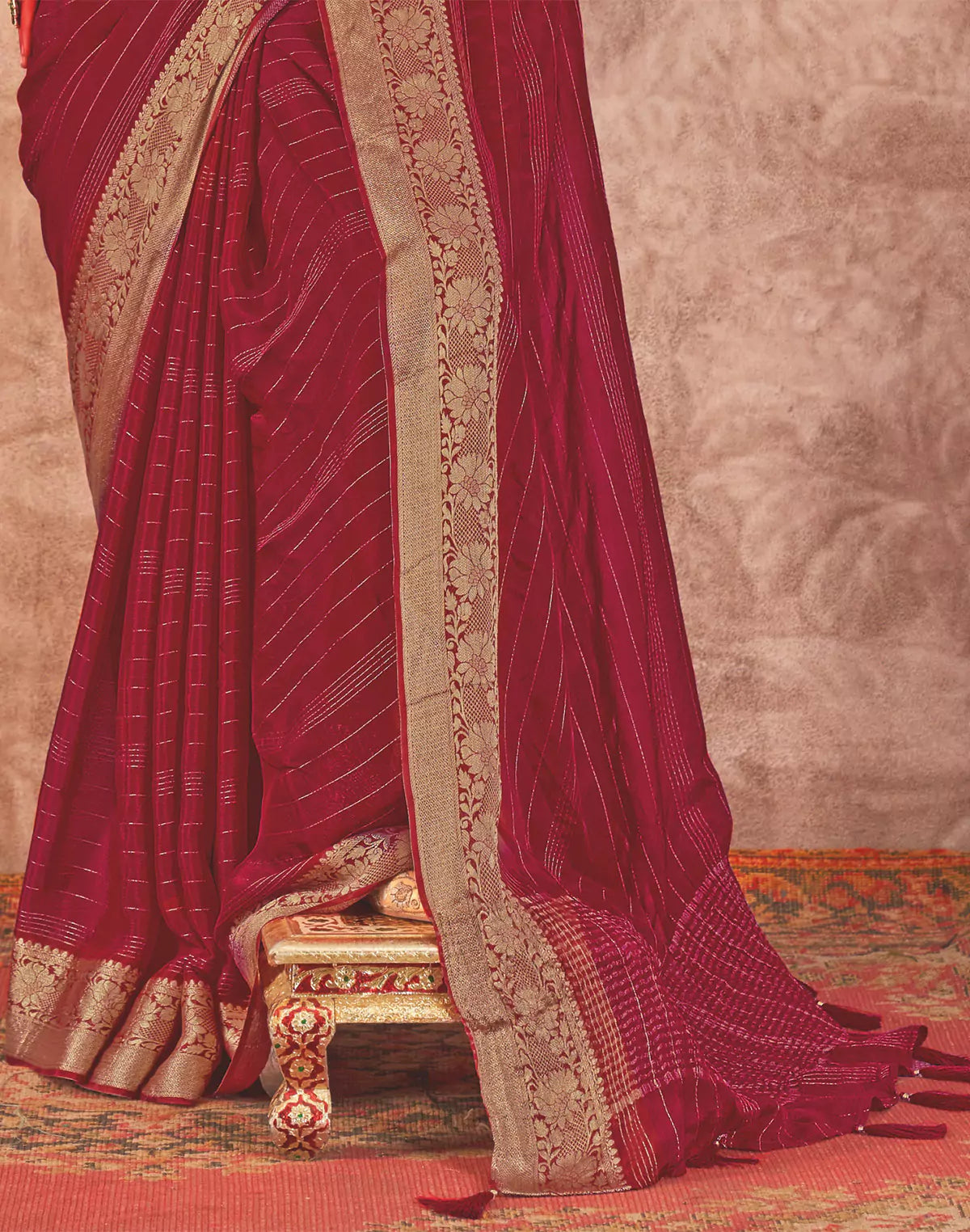 Maroon and Green Contrast Embroidery Blouse Golden Border Saree