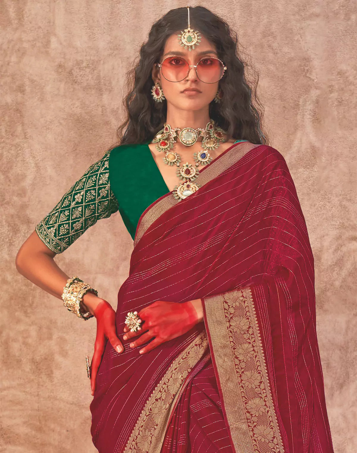 Maroon and Green Contrast Embroidery Blouse Golden Border Saree