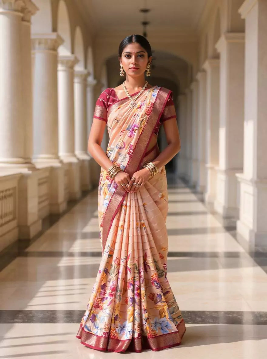 Light Orange Floral Printed Mangalagiri Dola Silk Saree
